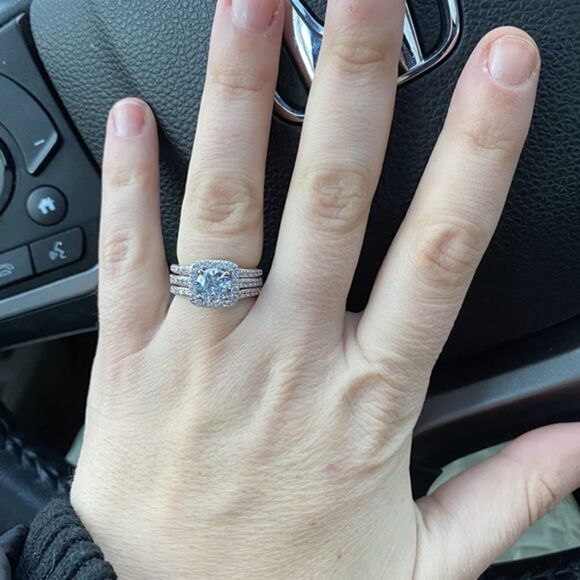 18K White Gold & White Diamond Cubic Zirconia Engagement Wedding Band Set 3 Pcs - Picture 11 of 11